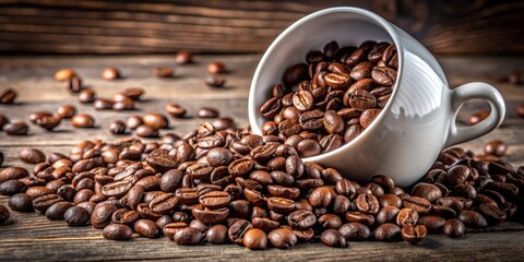 Fototapeta premium Coffee Beans Spilling From a White Cup on Rustic Wood, coffee, caffeine, bean, aroma