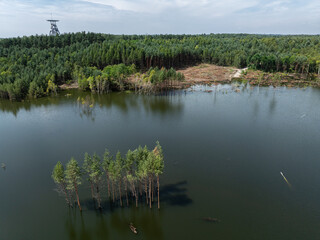 Aerial drone view of flooded sand pit. Forest submerged in a lake. Sunken sandpit with clear water.Lake District, swallow hole flooded as a result of the mining damage Pomorzany mine in Olkusz,Poland