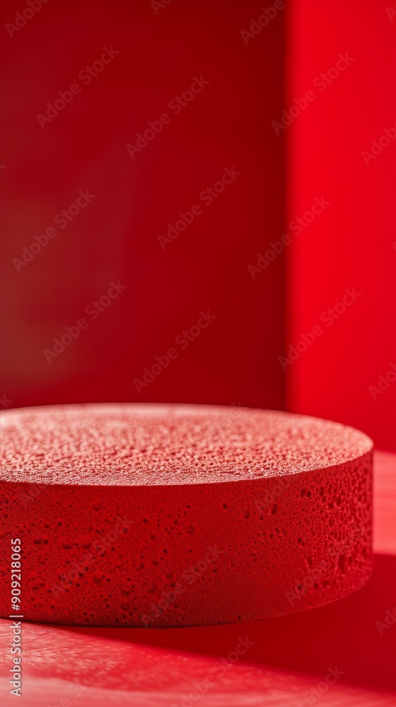 Aufkleber red cylindrical textured object on monochromatic red background, abstract minimalism concept