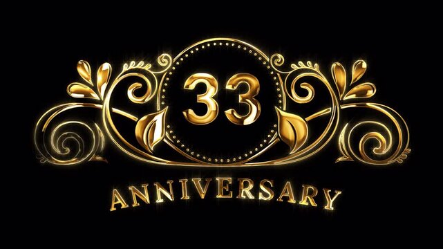 33rd Anniversary Celebration. Happy 33 Years Anniversary Animation in Gold Color on the Transparent Background, Alpha Channel. Great for greetings, celebrations, events, and gifts.