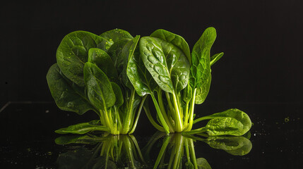   Spinach plants in group sit on black surface, water droplets present
