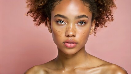 Closeup portrait of beautiful mixed race model with curly hair in studio with natural neutral makeup
