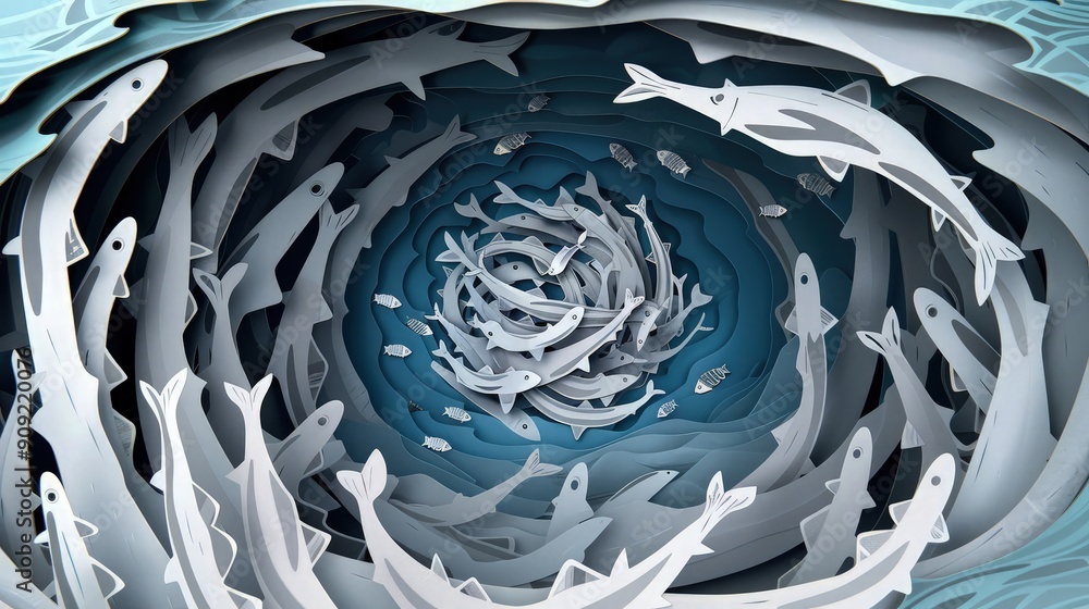 Poster a playful paper cut scene of a school of sardines forming a bait ball, with multiple layers of silve
