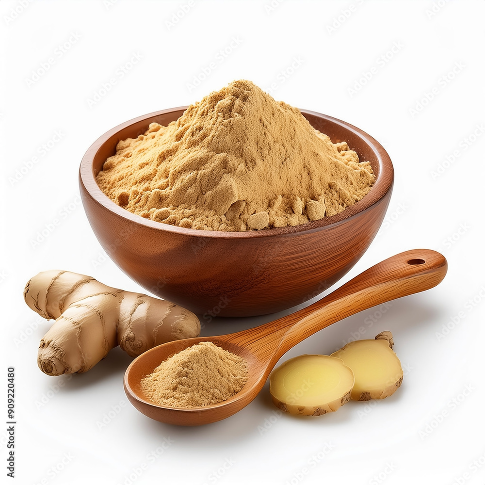 Wall mural Fresh ginger powder in wooden bowl and spoon with ginger root isolated on white background