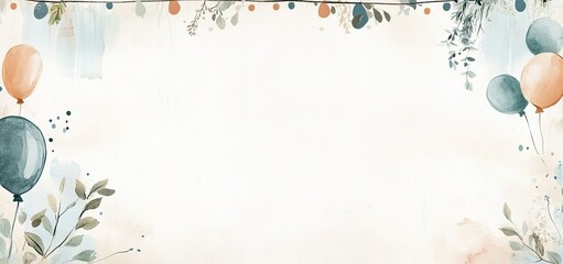 Watercolor Illustration of Balloons and Foliage Bordering a White Space