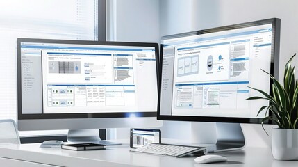 A professional setup with two computer displays, one showcasing a website wireframe and the other featuring a fully rendered mock-up of a corporate website, emphasizing the design process.