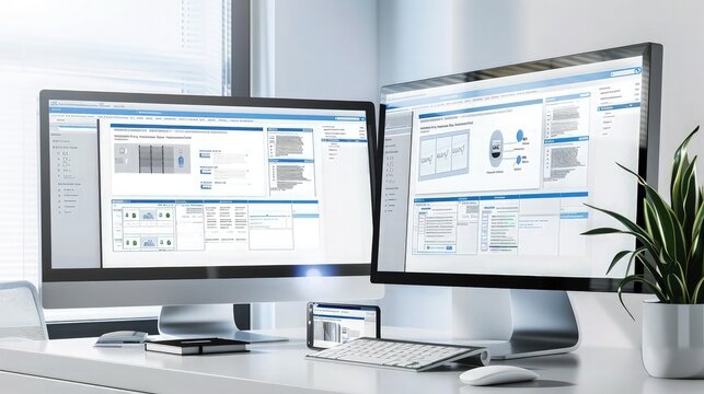 A professional setup with two computer displays, one showcasing a website wireframe and the other featuring a fully rendered mock-up of a corporate website, emphasizing the design process.