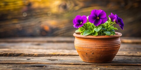 Purple Pansies in Terracotta Pot on Rustic Wooden Table, Pansy, Flower, Rustic, Floral