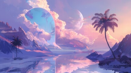 Escapism aesthetic  background.Desert valley with sand dunes and mountains scene. Sunset soft light. Surrealism atmospheric installation of magic pink arch. Loneliness escape feeling.