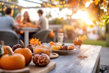 Thanksgiving table setting outdoors with pumpkins and candles. Autumn home decoration	
