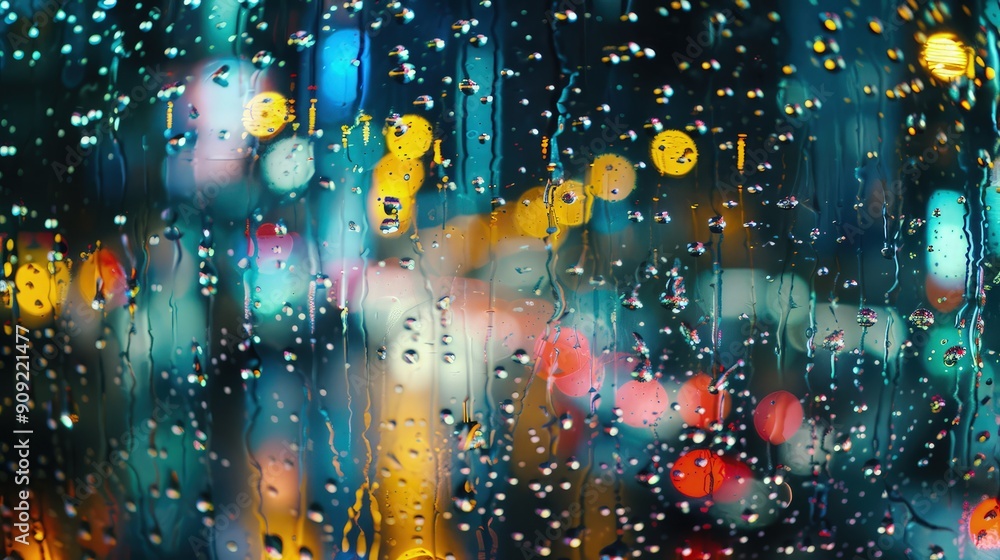 Aufkleber a rainy city night scene, where raindrops on the lens add an extra layer of bokeh to the colorful ci