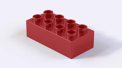 Fototapeta premium Maroon Plastic Building Block on White Background. Children Toy Brick, Perspective View. Close Up View of a Game Block for Construction. 3D Rendering. 8K Ultra HD, 7680x4320, 300 dpi
