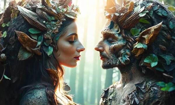 Fantasy romantic animation. A forest nymph in love with the spirit of the forest