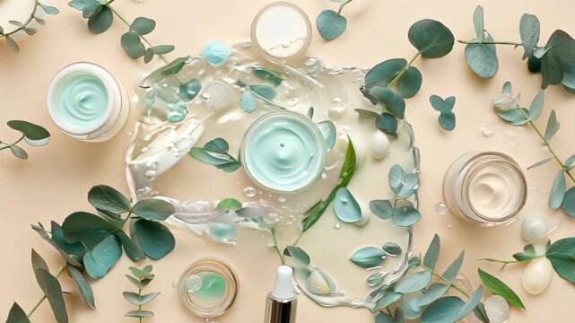 Beauty Product Flat Lay With Eucalyptus Splashes