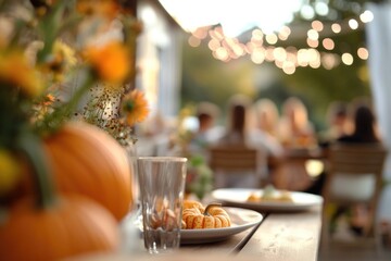 Naklejka premium Thanksgiving table setting outdoors with pumpkins and candles. Autumn home decoration 