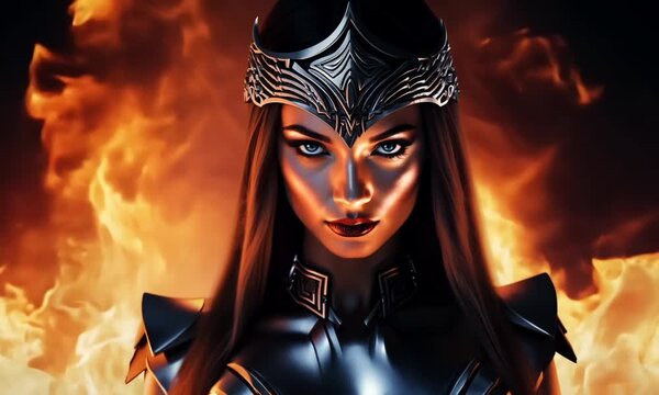 An ancient goddess dark warrior with the platinum crown and armor. looks in camera. Fire flame background.