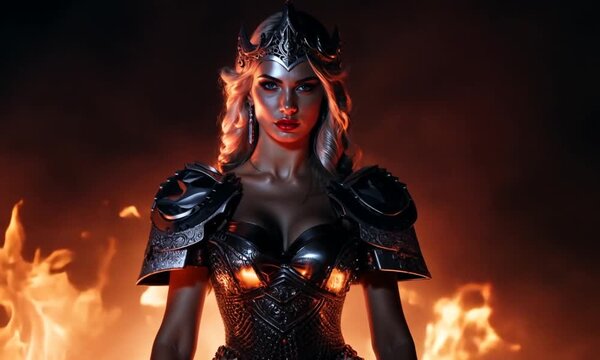 An ancient goddess dark warrior with the platinum crown and armor. looks in camera. Fire flame background.