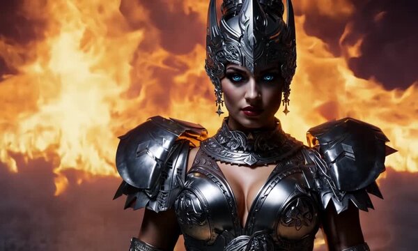 An ancient goddess dark warrior with the platinum crown and armor. looks in camera. Fire flame background.
