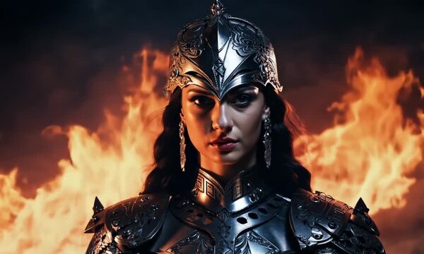 An ancient goddess dark warrior with the platinum crown and armor. looks in camera. Fire flame background.