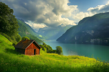 Landscape with lake and mountains