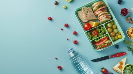 Nourish Your Mind Top view photo of lunch box with sandwiches fruits and water bottle on pastel blue background with space for text