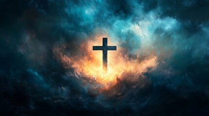 Fototapeta premium A serene cross emanating a soft glow in the center of a storm of vivid and chaotic brushstrokes, representing spiritual calm