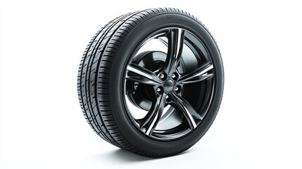 Obraz premium A black tire with a wheel isolated on a white background.