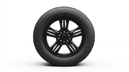 Fototapeta premium A black tire with a wheel isolated on a white background.