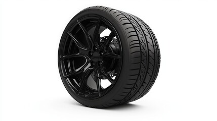 Obraz premium A black tire with a wheel isolated on a white background.