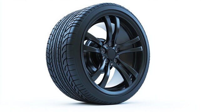 A black tire with a wheel isolated on a white background.
