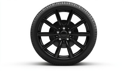 Obraz premium A black tire with a wheel isolated on a white background.