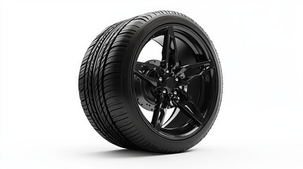 Obraz premium A black tire with a wheel isolated on a white background.