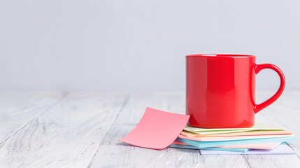 Red coffee mug on colorful stationery with office supplies modern workspace aesthetics bright and cheerful office decor