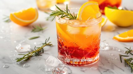 Fototapeta premium Red orange and lemon cocktail with rosemary on white marble