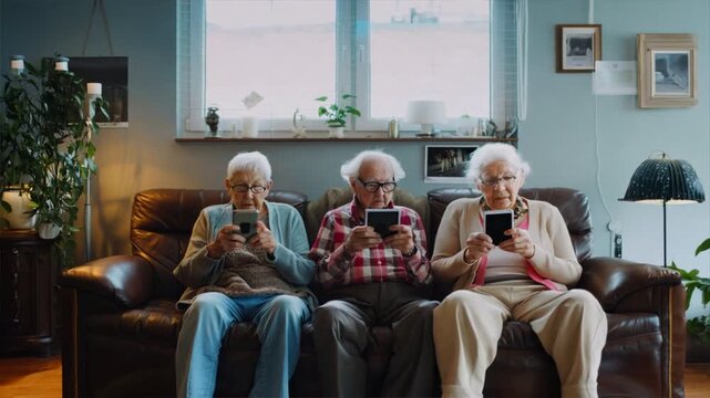 Three elderly people are sitting on a couch and playing video games on their cell phones. Scene is lighthearted and fun, as the elderly people are enjoying their time together
