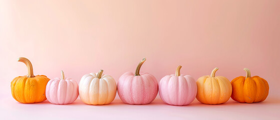 Minimal composition of pastel colorful pumpkins with copy space on a pink. Fall harvesting seasonal, Thanksgiving day concept. Autumn sale background. Generative ai