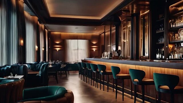 Elegant Bar Interior with Dark Wood and Green Velvet Seating