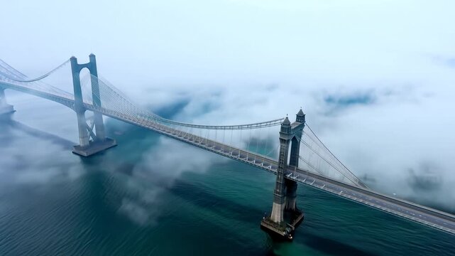 Bridge over the river in morning fog. Abstract suspension bridge on natural landscape with aerial view