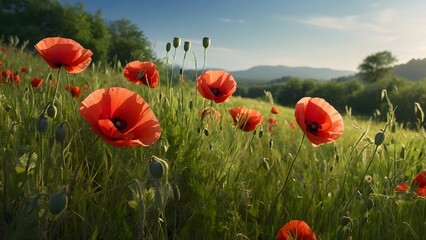 Fototapeta premium Red Poppies in a Sunny Meadow