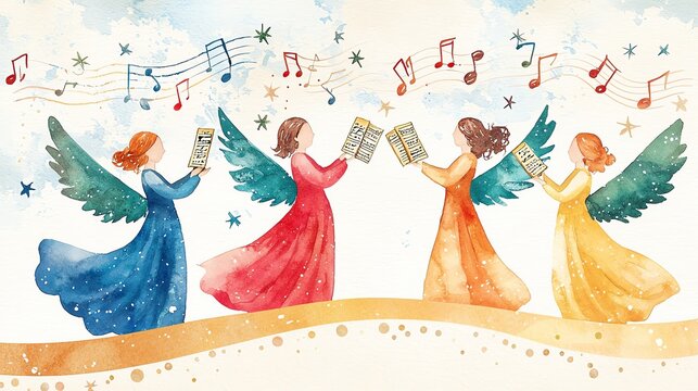 A vibrant illustration of angels singing joyfully with musical notes in a whimsical, colorful setting.