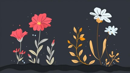 Obraz premium Blooming flowers and withered plants, side by side, flat design illustration