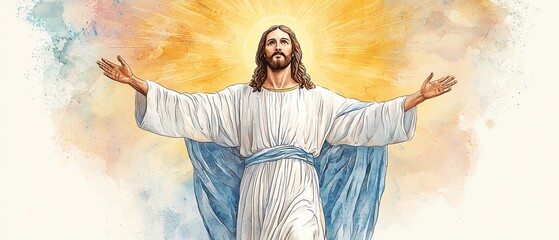 A serene depiction of Jesus with outstretched arms, surrounded by a radiant glow, symbolizing hope and redemption.