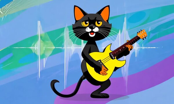 A cartoon cat playing guitar