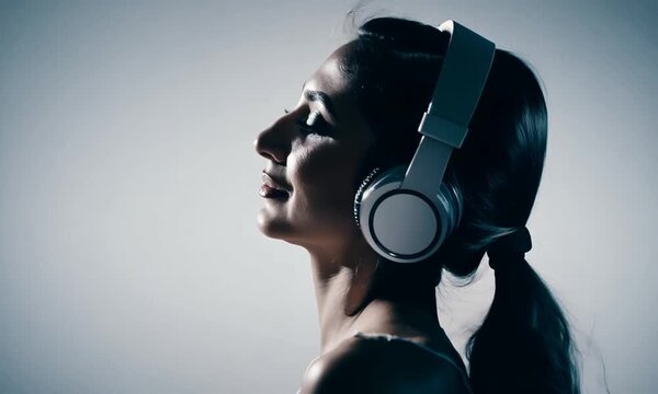 Una mujer escucha m&uacute;sica con auriculares.