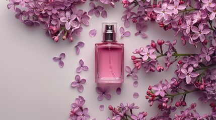 A perfume bottle surrounded by vibrant lilac flowers with soft, dreamy lighting. Romantic and luxurious fragrance concept.