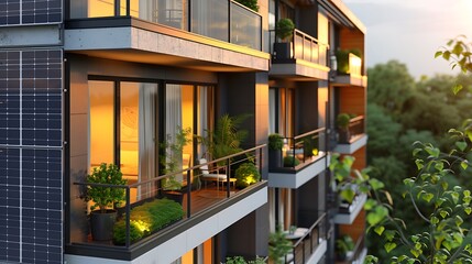 Fototapeta premium Solar panels balcony apartment building modern balcony with mini solar panel installation in green city