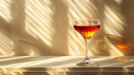 Glass of amber liquid on a sunlit surface with textured shadows in the background