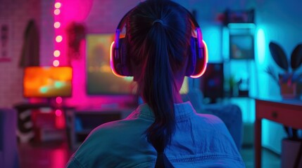Naklejka premium Neon Nights: Exciting Asian Gamer Competition in a Colorful Space.
