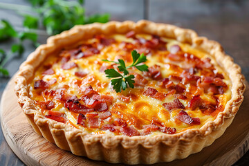 Freshly baked homemade pie quiche Lorraine. Traditional French pastries.