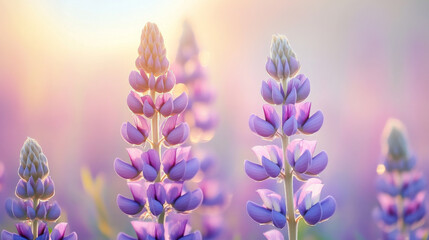 Obraz premium Blooming lupine flowers at sunrise, dreamy pastel colors. Nature and tranquility concept